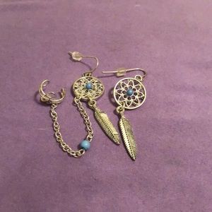 Blue dream catcher dangling earring with cuff